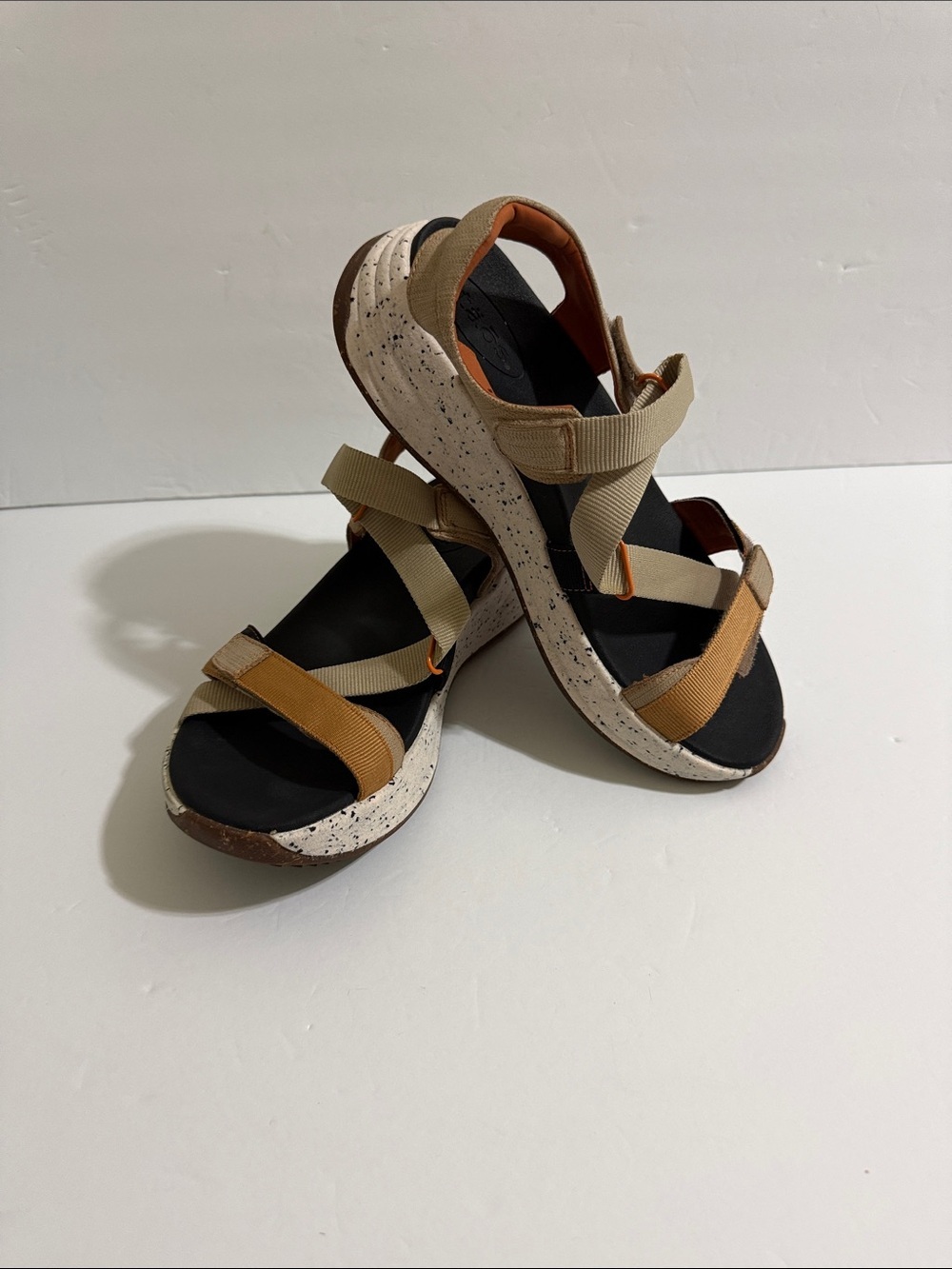 Taos Footwear Strappy Platform Sandals in Tan, Black and Orange Accent